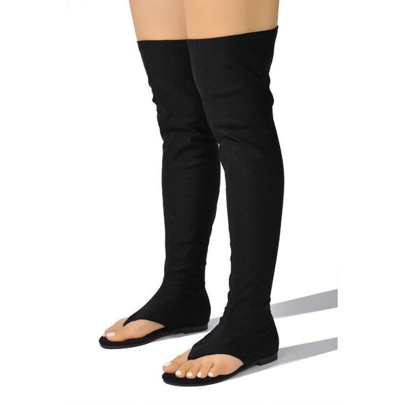 BLACK OVER THE KNEE HIGH FLAT SATIN OPEN TOE SANDAL - Picture 1 of 2